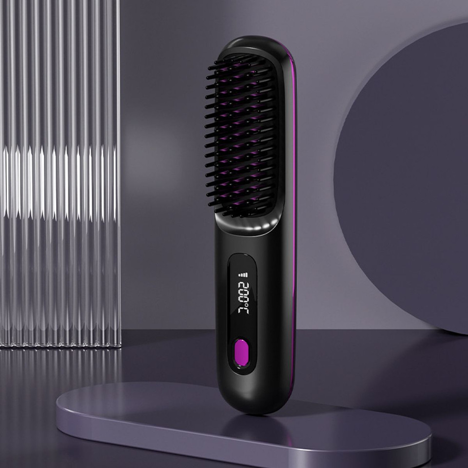Cordless Hair Straightener Brush with 3 Setting LED Temperature Display Electric Negative Ions Ceramic Hot Comb 360 Anti-Scald Color Black product image