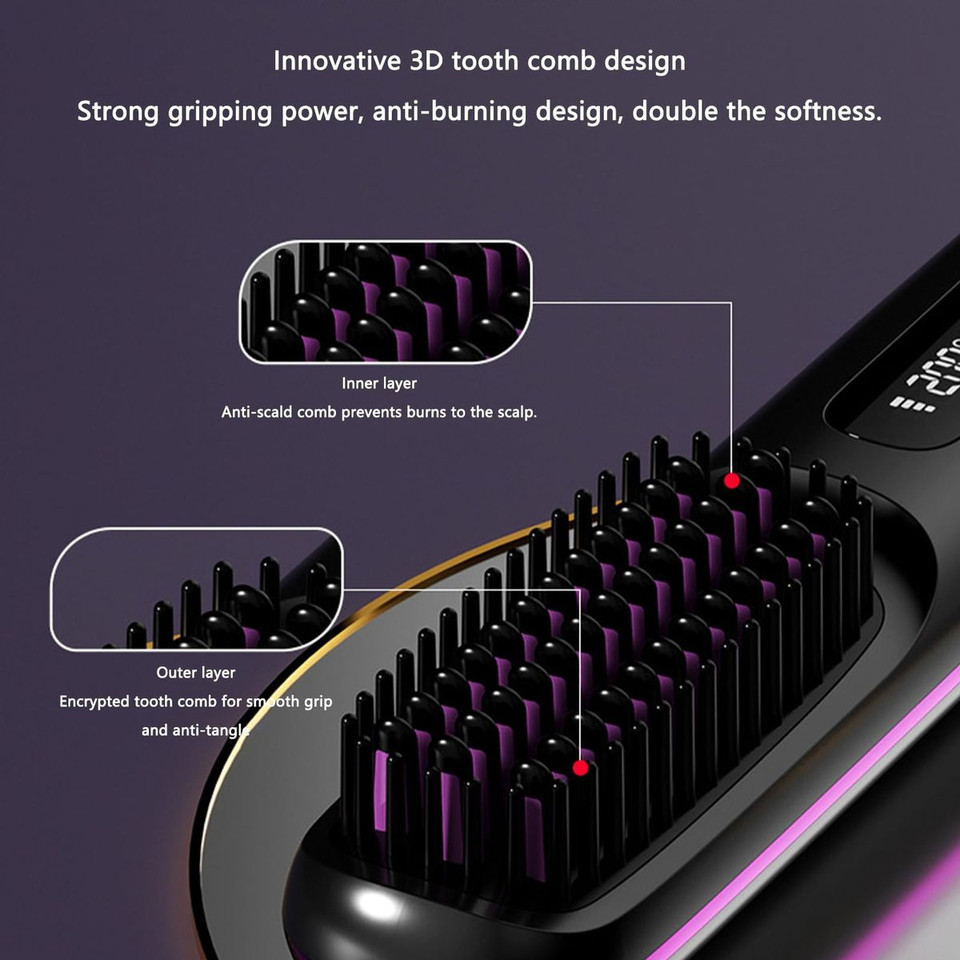 Cordless Hair Straightener Brush with 3 Setting LED Temperature Display Electric Negative Ions Ceramic Hot Comb 360 Anti-Scald Color Black product image