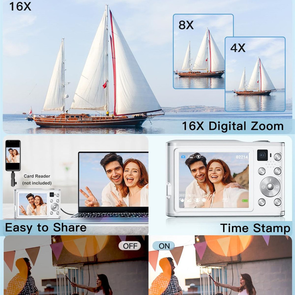 4K Digital Camera, 48MP Autofocus Kids Camera Selfie with Front and Rear Dual Lenses, 32GB Card,16X Digital Zoom, Compact Travel Vlogging Video(White) product image