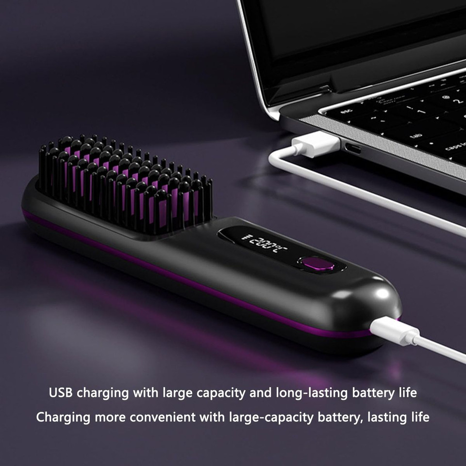 Cordless Hair Straightener Brush with 3 Setting LED Temperature Display Electric Negative Ions Ceramic Hot Comb 360 Anti-Scald Color White product image
