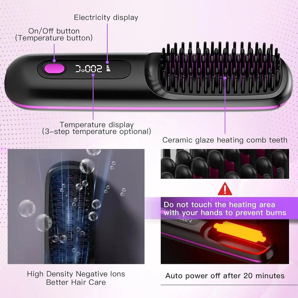 Cordless Hair Straightener Brush with 3 Setting LED Temperature Display Electric Negative Ions Ceramic Hot Comb 360 Anti-Scald Color White product image