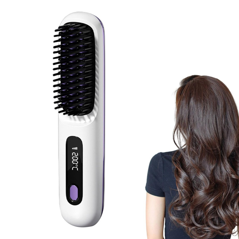 Cordless Hair Straightener Brush with 3 Setting LED Temperature Display Electric Negative Ions Ceramic Hot Comb 360 Anti-Scald Color White product image
