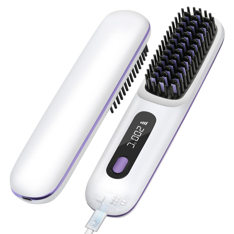 Cordless Hair Straightener Brush with 3 Setting LED Temperature Display Electric Negative Ions Ceramic Hot Comb 360 Anti-Scald Color White product image