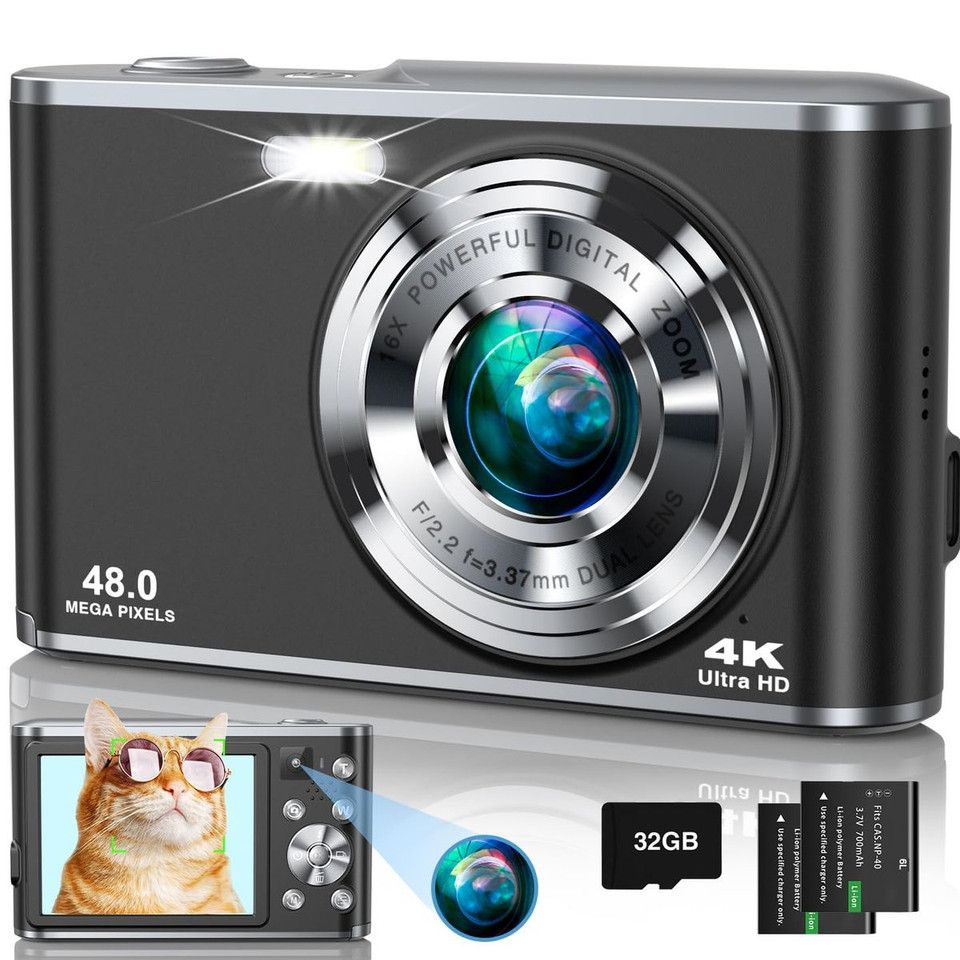 4K Digital Camera, 48MP Autofocus Kids Camera Selfie with Front and Rear Dual Lenses, 32GB Card,16X Digital Zoom, Compact Travel Vlogging Video(Black) product image