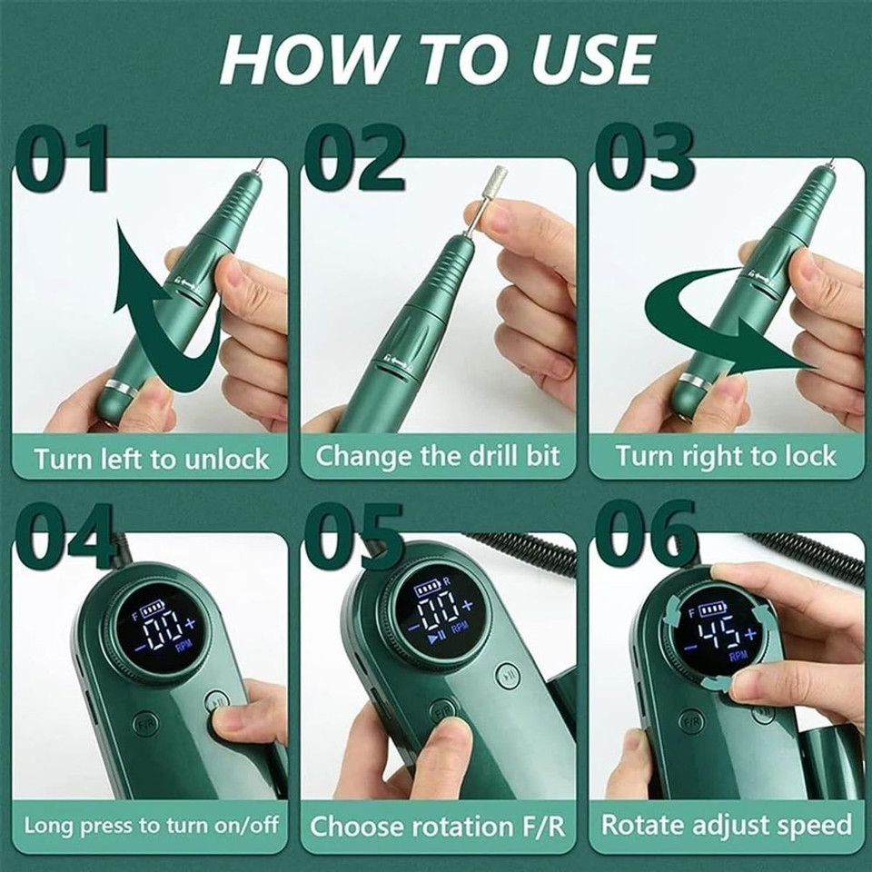 45000RPM Nail Drill Machine Rechargeable Nail File Nails Accessories Gel Nail Polish Sander Professional Tool Manicure Set Color Green product image