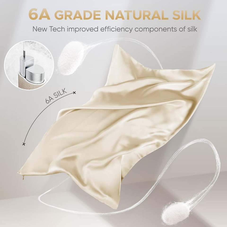 1Pcs 100% Pure Mulberry Silk Pillowcase for Hair and Skin, Allergen Resistant Dual Sides, 600 Thread Count Silk Bed Pillow Cases with Hidden Zipper, Standard Size,51 x 66 cm, Champagne product image