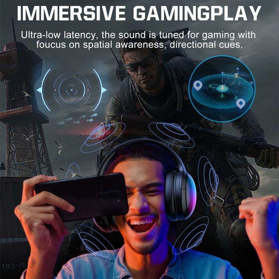 Wireless Bluetooth Headphones with ANC Microphone, Rainbow RGB Lights Foldable Over-Ear Headphones with Music & Game Mode for Travel Home Office product image