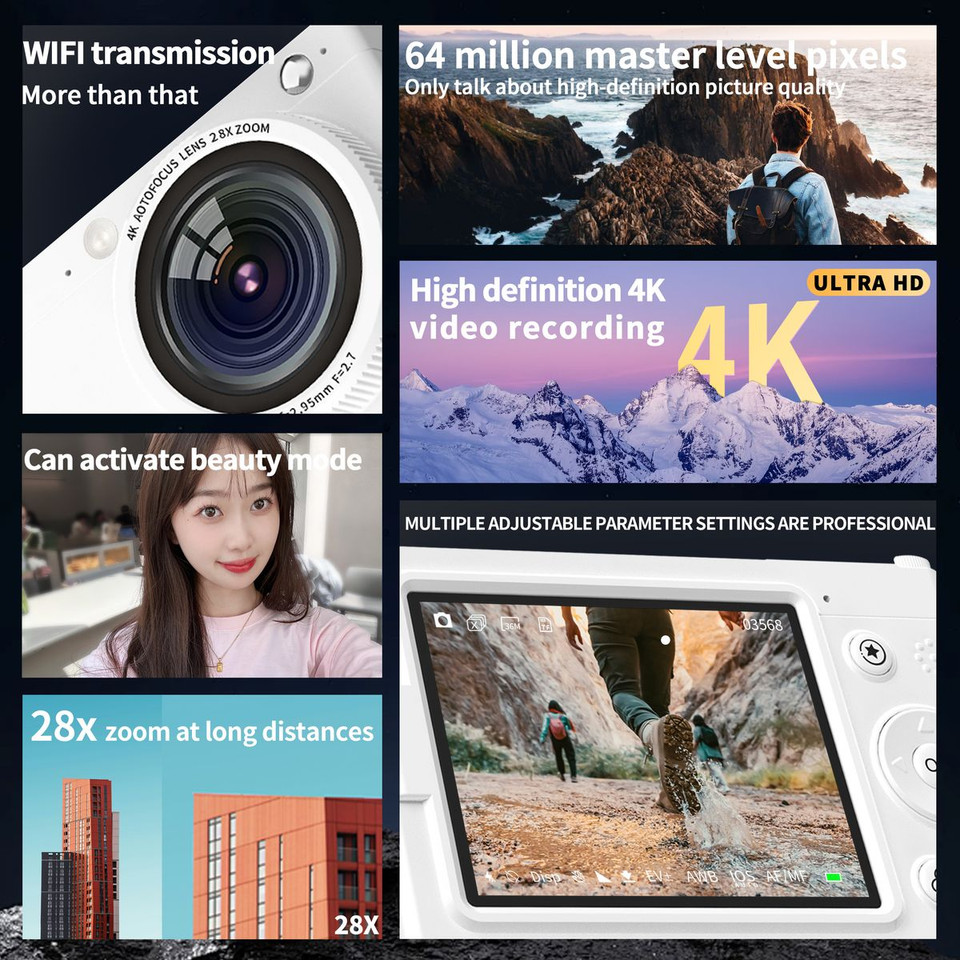 4K CCD Wifi Digital Camera 64MP Digital Video Camera with 2 Lens 2.83 Inch Touch Panel 28X Digital Zoom Built-in Flash Color Black product image