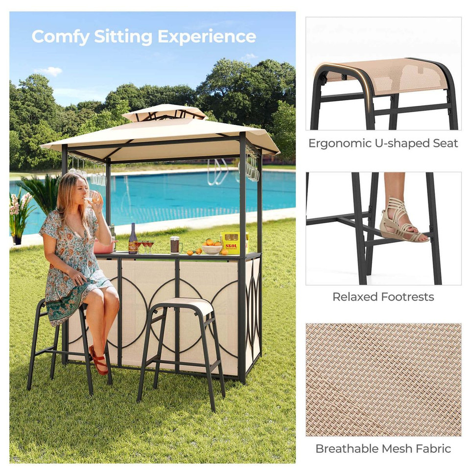 3-Piece Patio Bar Set Grill Gazebo & 2 Barstool with Tempered Glass Bar Table product image