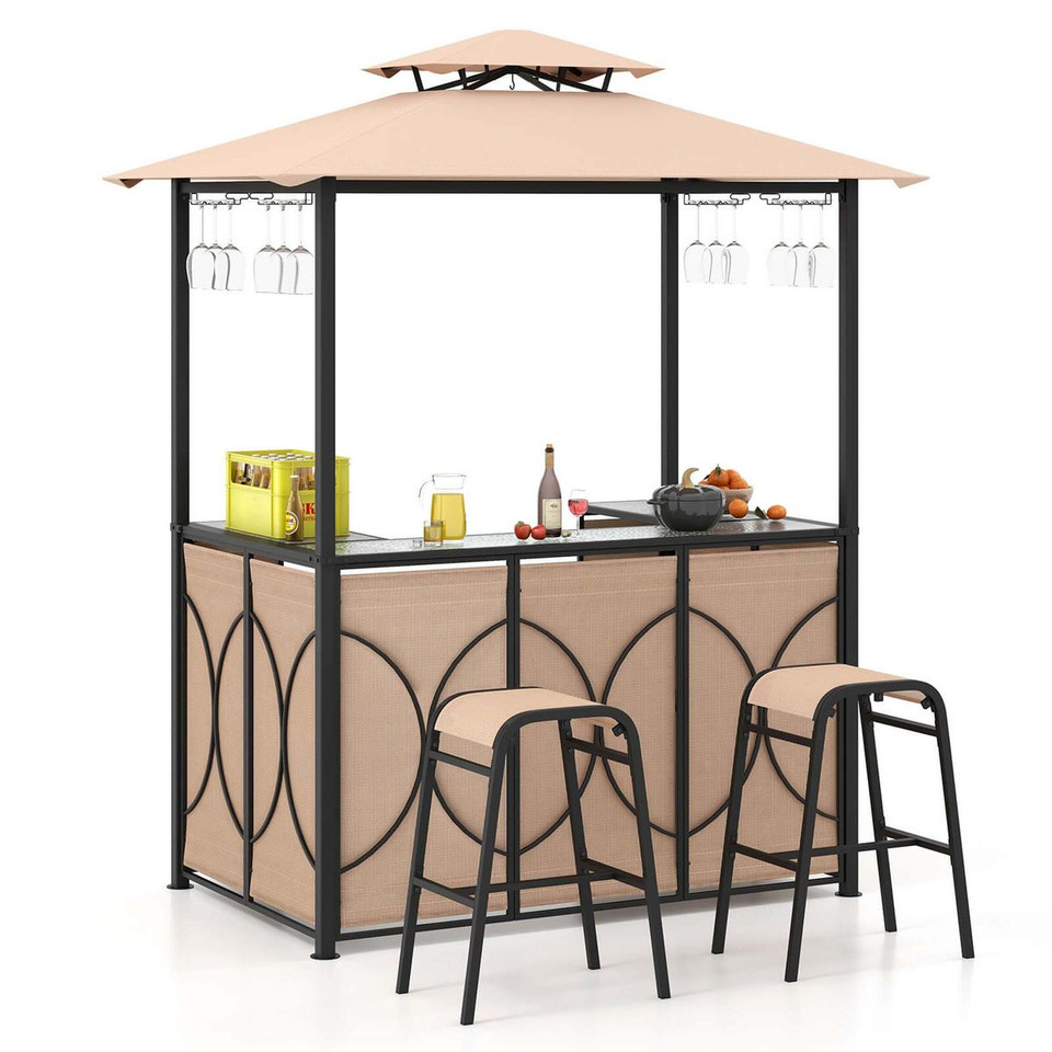 3-Piece Patio Bar Set Grill Gazebo & 2 Barstool with Tempered Glass Bar Table product image