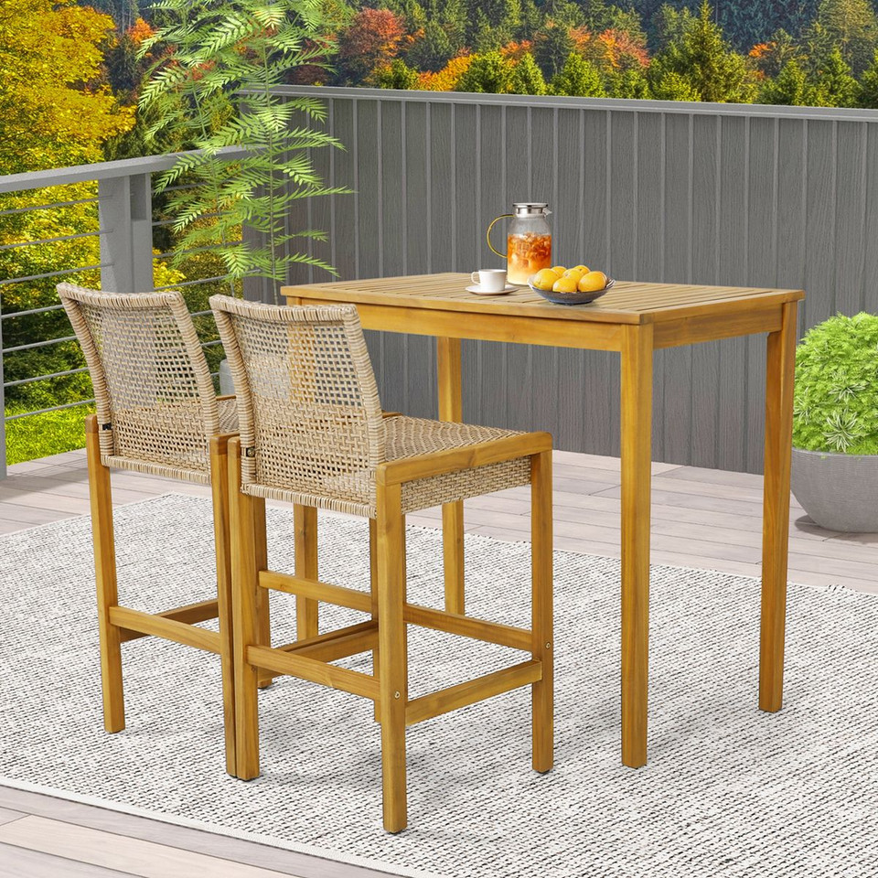 Rattan Patio Wood Barstools Dining Chairs with Backrest (Set of 2) product image