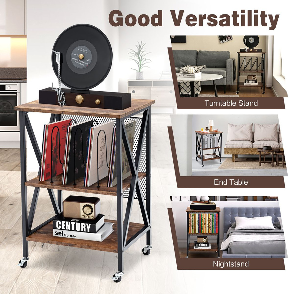 3-Tier Rolling Turntable Stand with Vinyl Record Storage product image