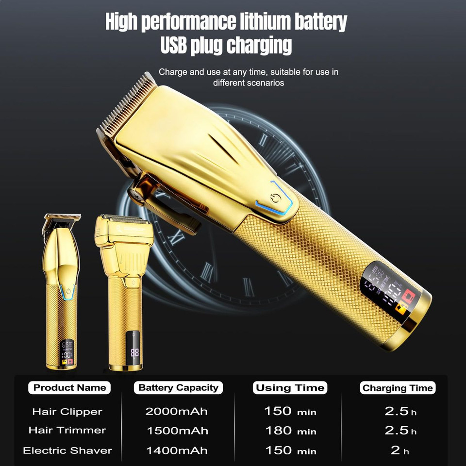 Professional Hair Clippers for Men, Barber Clippers and Trimmer Set with Cordless Electric Razor and LCD Display(Gold) product image