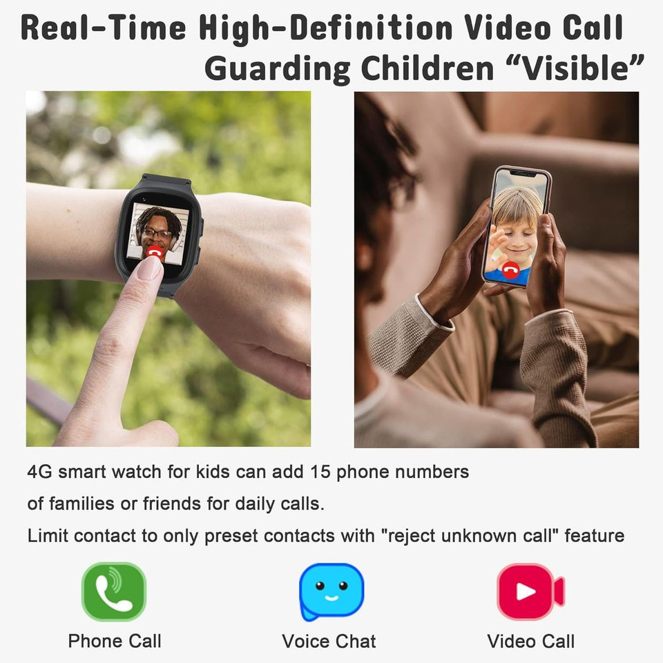 4G Kids Smart Watch with GPS Tracker,  One Key SOS Call Voice Chat Camera Alarm Clock Touch Screen Watch for Kids Boys Gifts (Black) product image