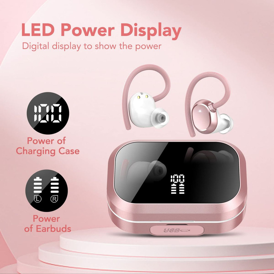 Wireless Earbuds V5.3 Bluetooth 120H Playtime Mini IPX7 Waterproof Deep Bass Over-Ear Earphones for Running Sports-Pink product image