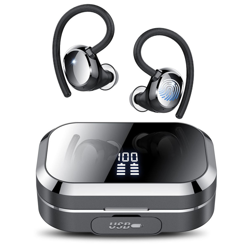 Wireless Earbuds V5.3 Bluetooth 120H Playtime Mini IPX7 Waterproof Deep Bass Over-Ear Earphones for Running Sports-Black product image