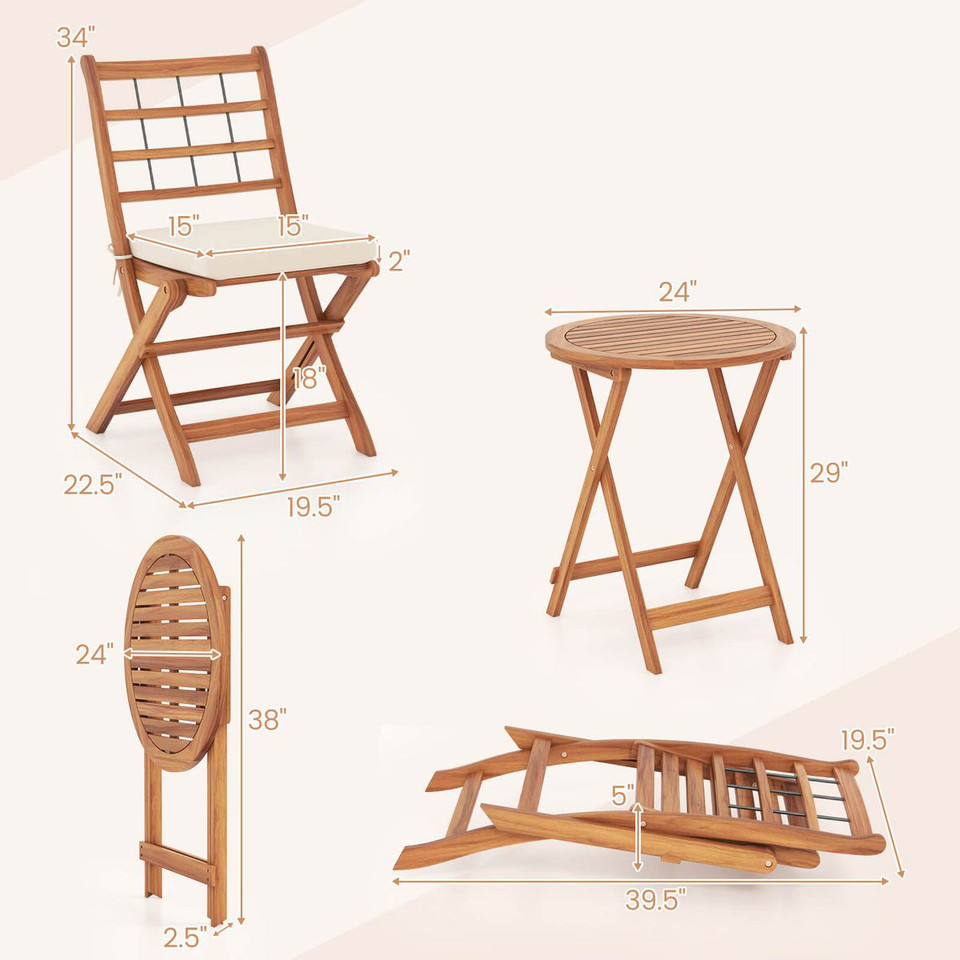 3-Piece Acacia Wood Patio Bistro Set with Cushions product image