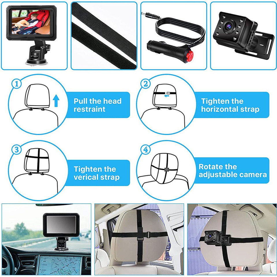 Car Baby Monitor, 4.3 Inch Camera Monitor Set, 360 Degree Rotation, Wide View, 1080P Infrared Night Vision Surveillance Camera, Stroller Mirror, Safe, Rear Facing product image