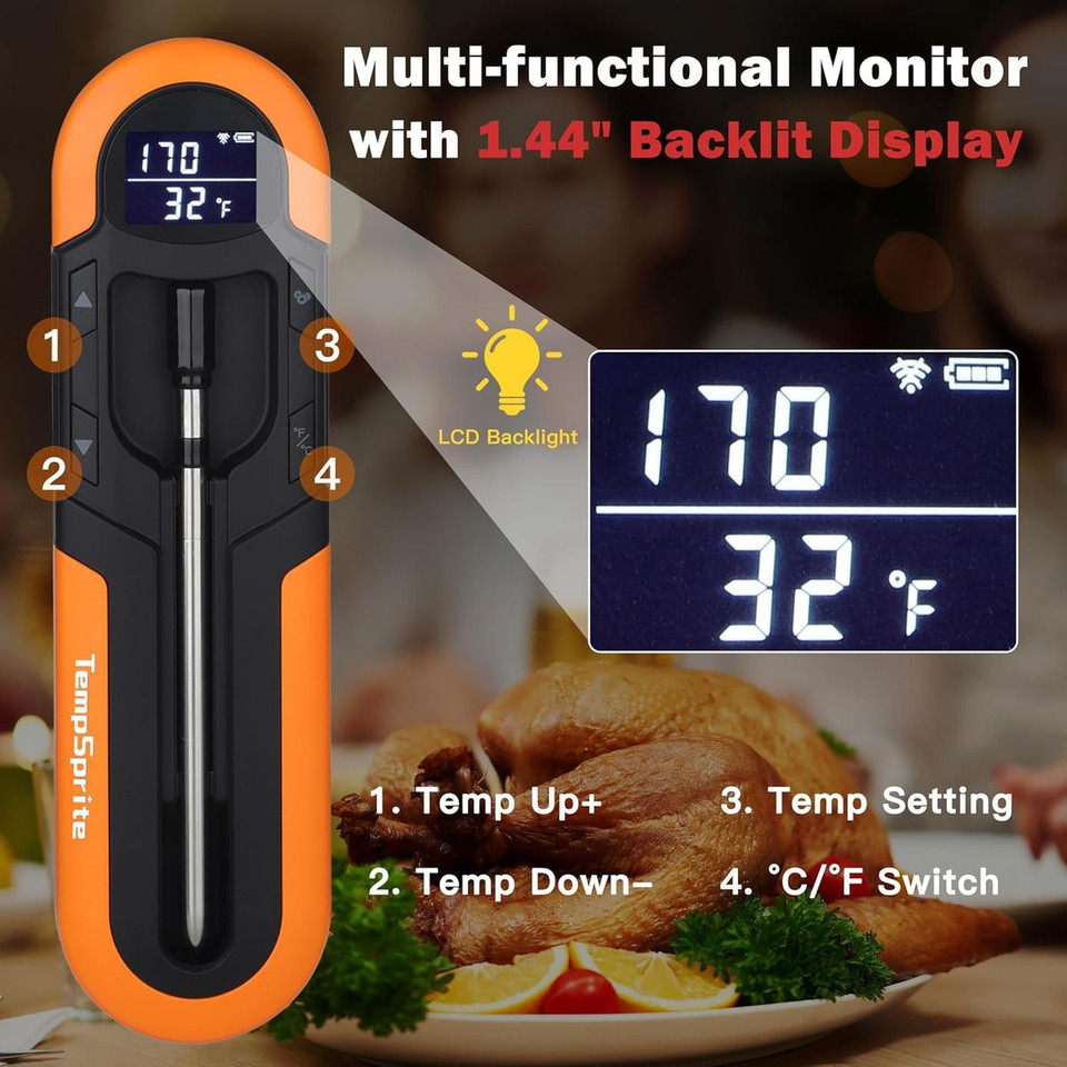 Wireless Meat Thermometer for Oven, Rechargeable Bluetooth Meat Thermometer Digital Wireless with Smart App for Grilling, Smoking, BBQ, Rotisserie, Kitchen (Orange) product image