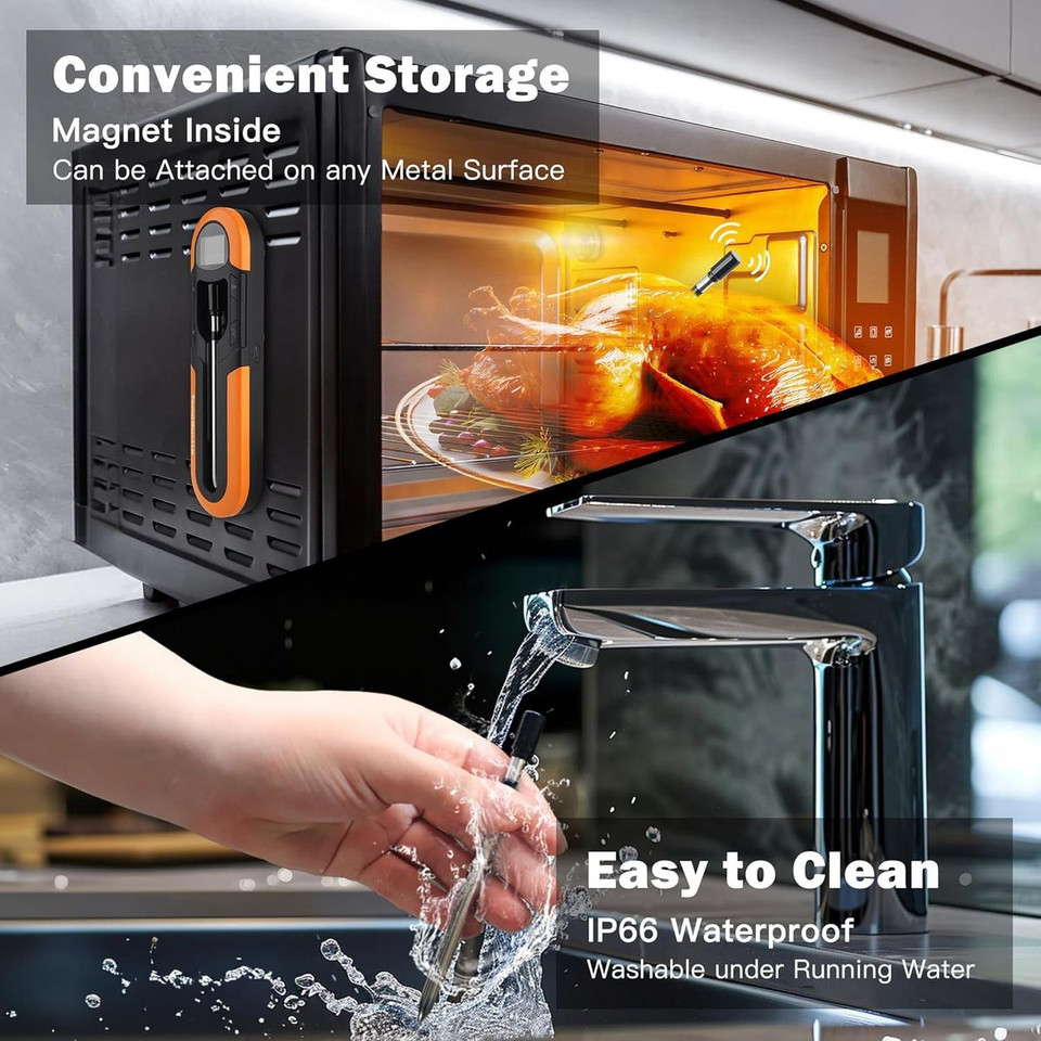 Wireless Meat Thermometer for Oven, Rechargeable Bluetooth Meat Thermometer Digital Wireless with Smart App for Grilling, Smoking, BBQ, Rotisserie, Kitchen (Orange) product image