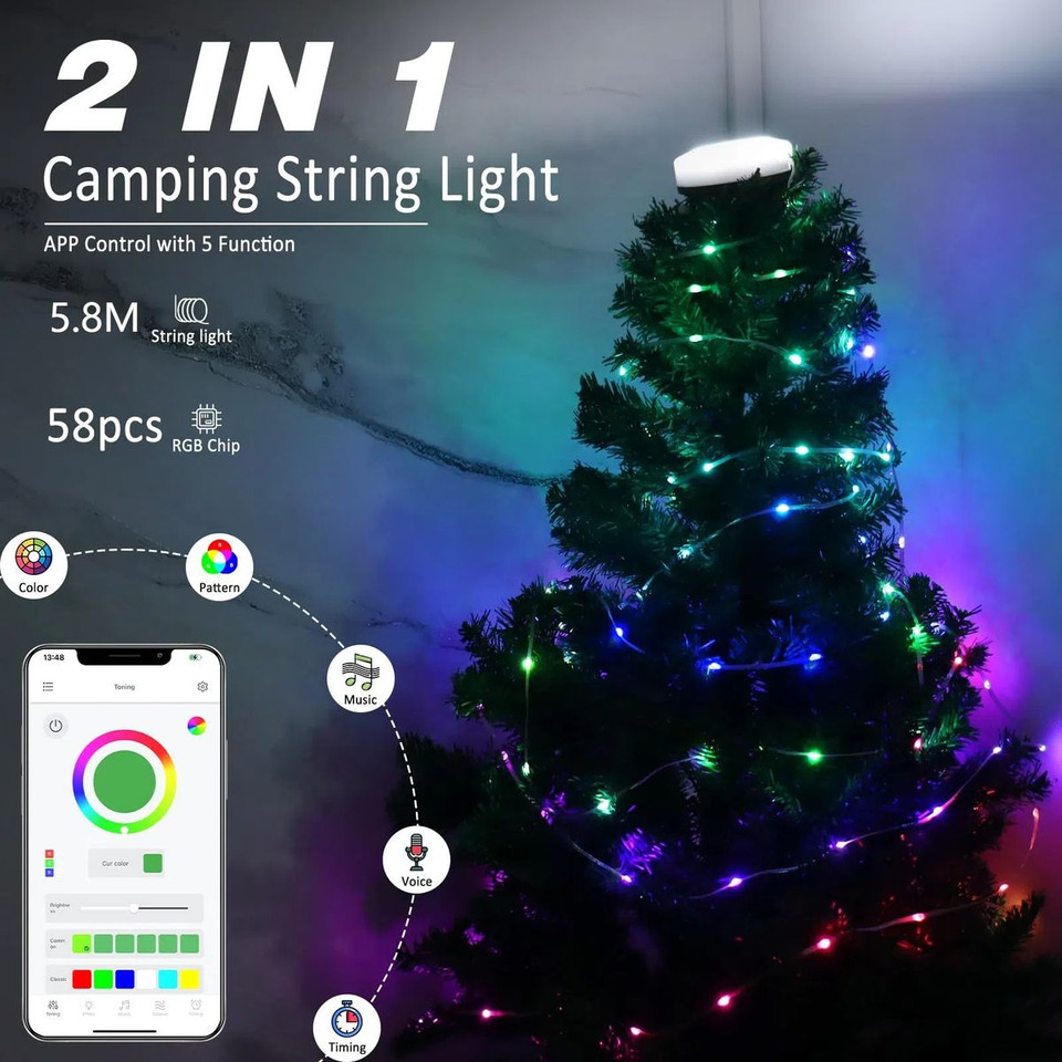 LED Camping String Lights App Control 5.8M Rechargeable Multi-Colour Hanging Lights for Outdoor Tent Awning Garden Party Festival Decor product image