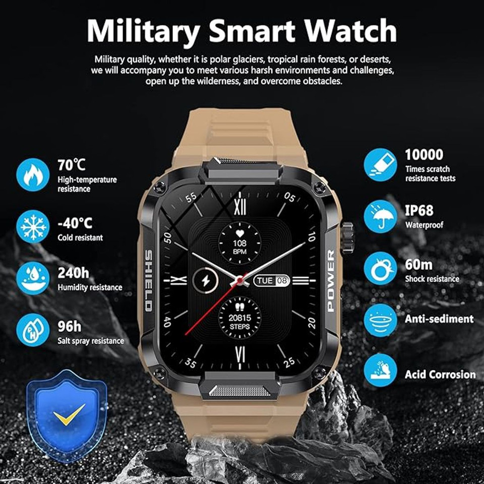 Smart Watches for Men, 1.85 Inch IP68 Waterproof Bluetooth Call (Answer/Make Call), Fitness Tracker Watch with 100+ Modes, Khaki product image