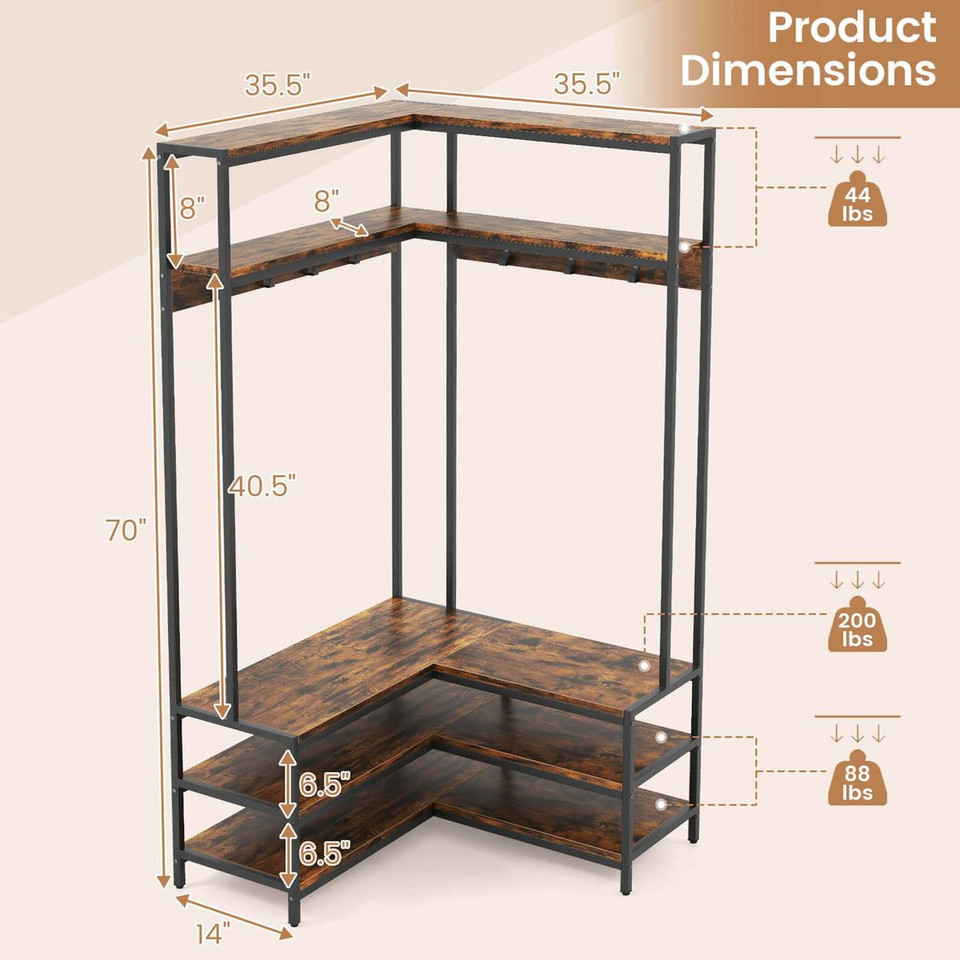Corner Garment Rack with Open Shelves and 7 Hooks & Shoe Bench product image