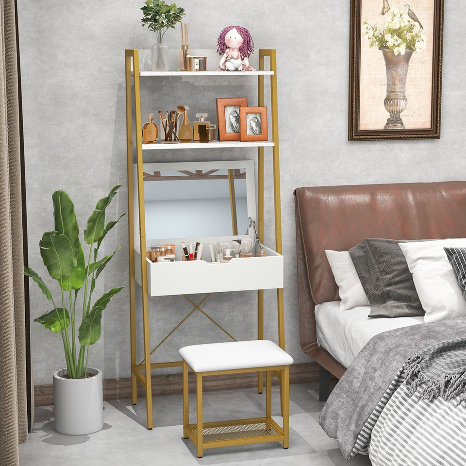 Ladder Vanity Desk Set with Flip-Top Mirror and Cushioned Stool product image