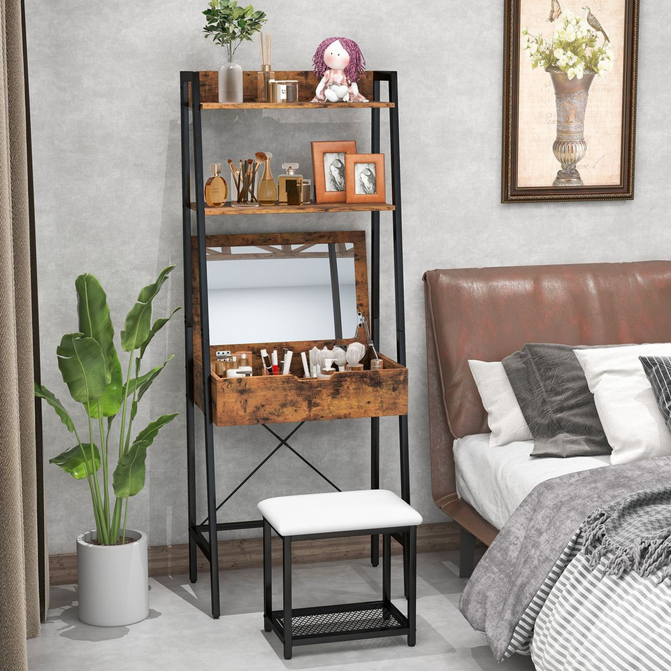Ladder Vanity Desk Set with Flip-Top Mirror and Cushioned Stool product image