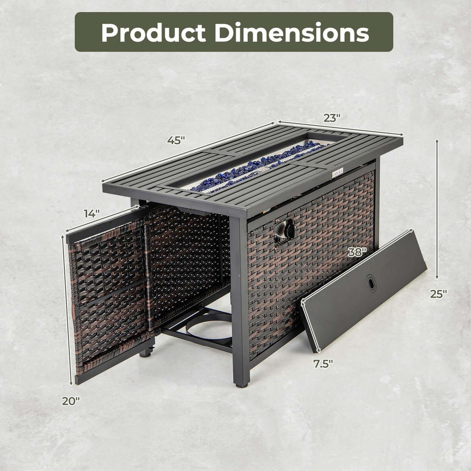 45-Inch Propane Rattan Firepit Table with Glass Stones & Protective Cover product image
