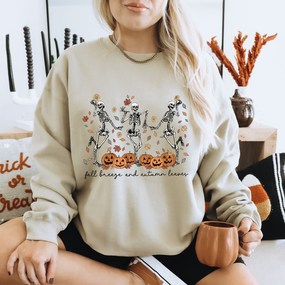 Women's 'Fall Breeze and Autumn Leaves' Skeleton Graphic Sweater product image