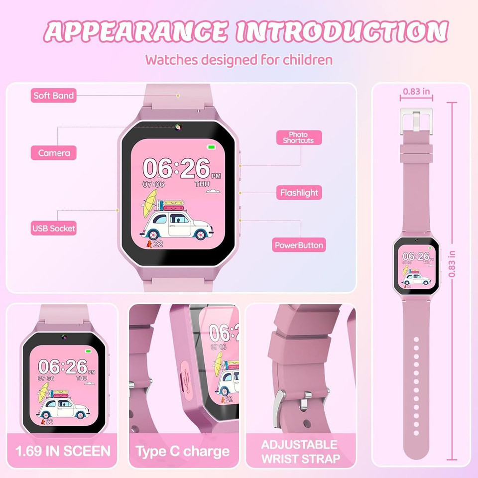 Smart Watch for Kids Ages 8-12, Smart Watch with 26 Games, Educational Toys, HD Camera, Video, Music Alarm, Audio Books, Learning Card, Flashlight (Pink) product image