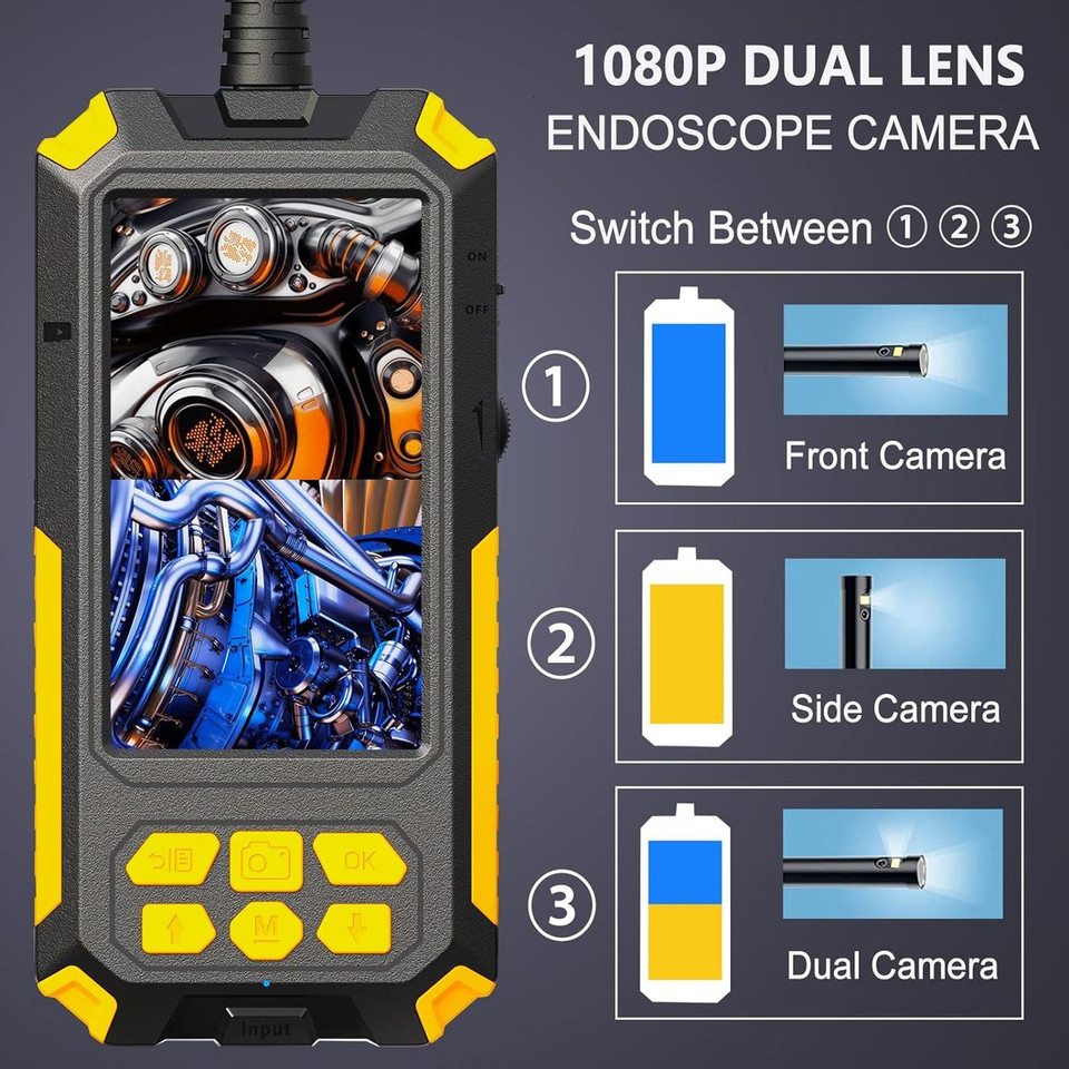 Dual Lens Industrial Endoscope Camera with Light, 4.5 Inch IPS Screen, 1080P HD Borescope Inspection Camera, IP67 Waterproof Snake Camera with Semi-Rigid Cable product image