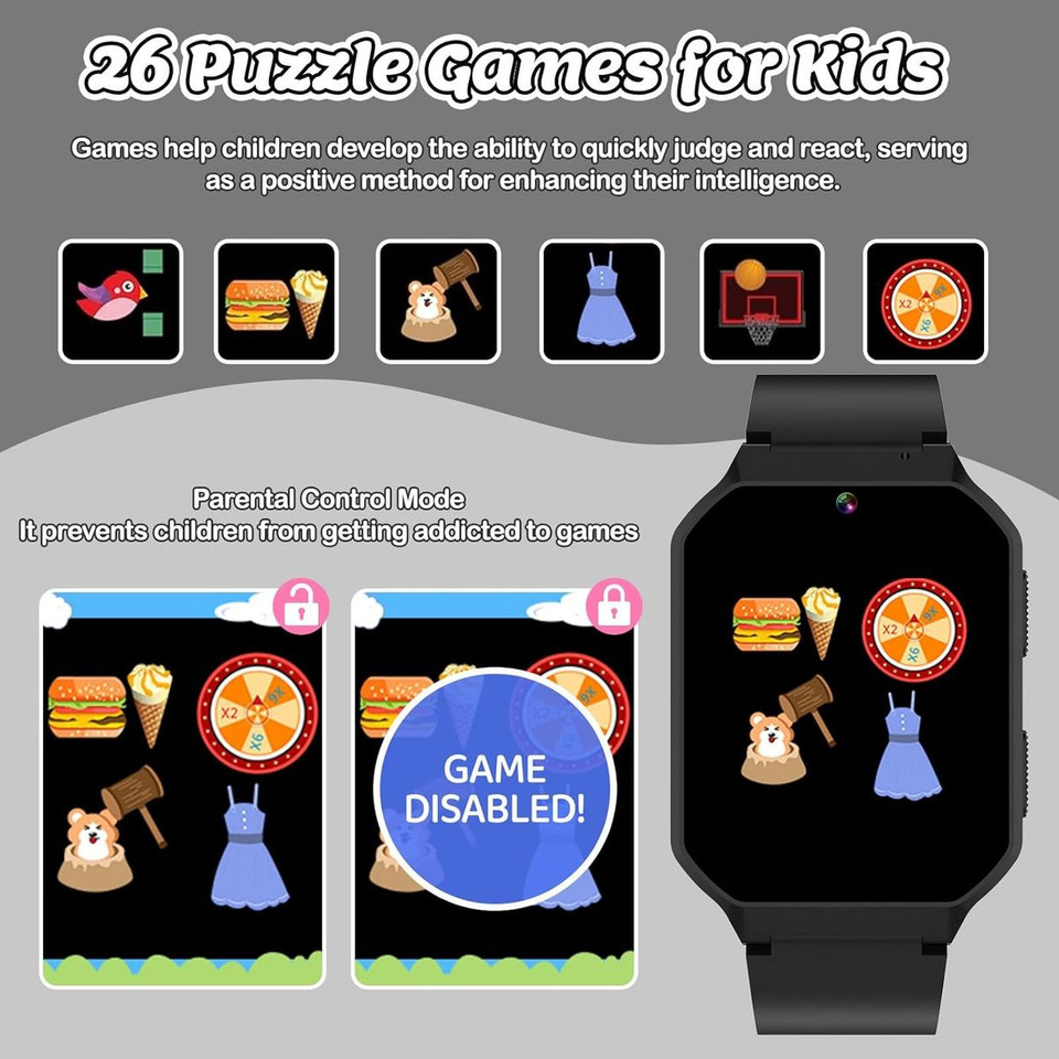 Smart Watch for Kids Ages 8-12, Smart Watch with 26 Games, Educational Toys, HD Camera, Video, Music Alarm, Audio Books, Learning Card, Flashlight (Black) product image