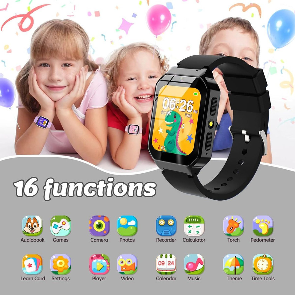 Smart Watch for Kids Ages 8-12, Smart Watch with 26 Games, Educational Toys, HD Camera, Video, Music Alarm, Audio Books, Learning Card, Flashlight (Black) product image