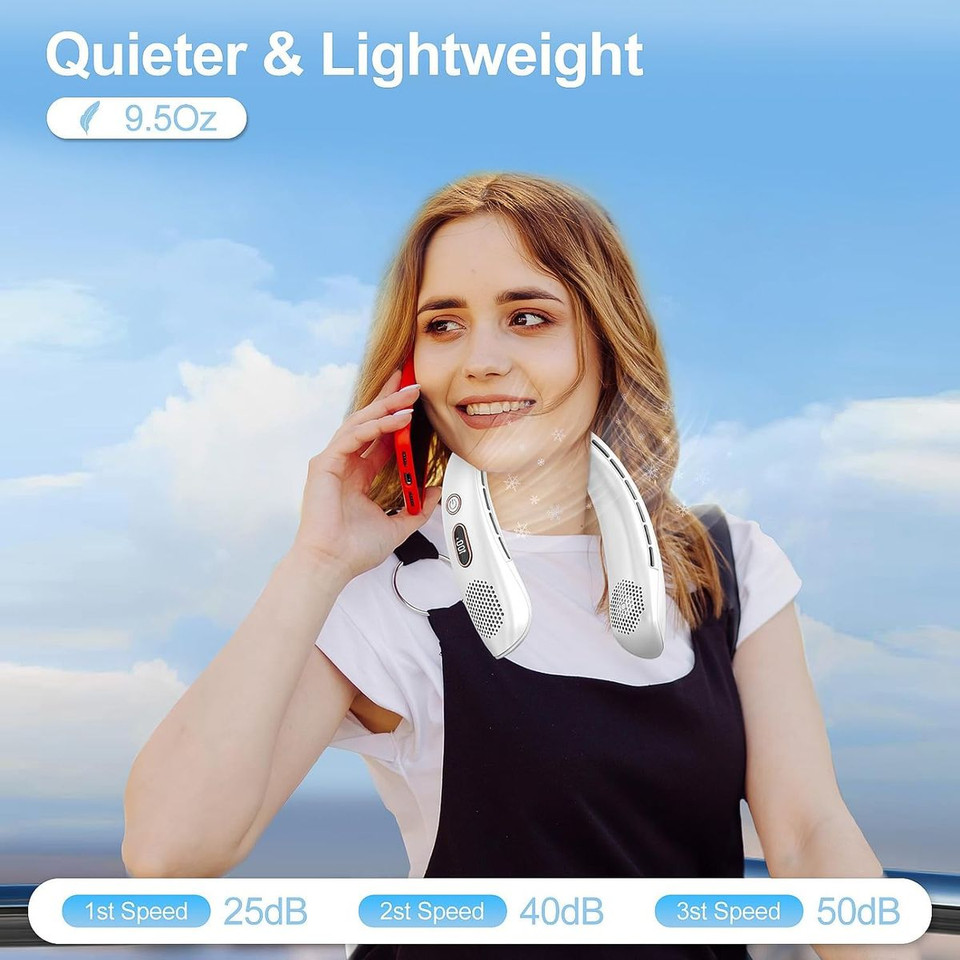 Portable Bladeless Fan, LED Display, Wearable Personal Fan, 3 Speeds, Hands Free Neck Fans for Travel, Outdoor, Camping (White) product image