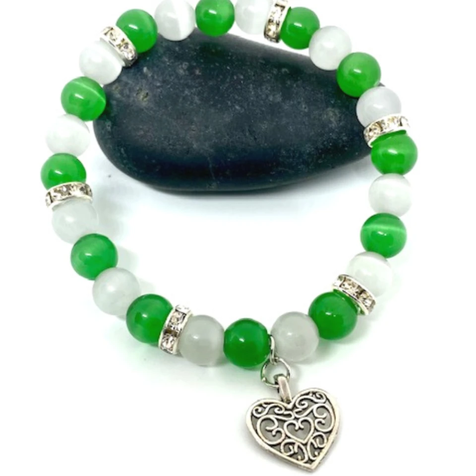Colorful Cat's Eye Beaded Stretch Bracelet with Heart Charm product image