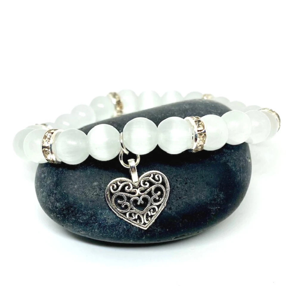 Colorful Cat's Eye Beaded Stretch Bracelet with Heart Charm product image