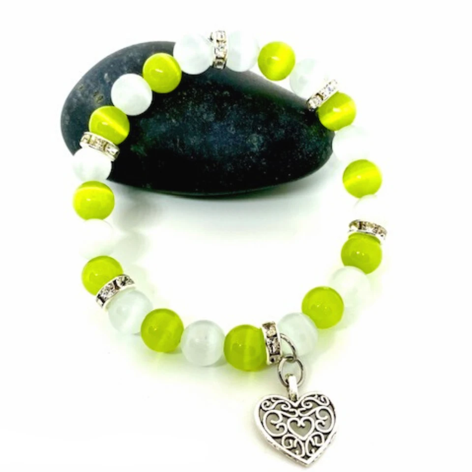Colorful Cat's Eye Beaded Stretch Bracelet with Heart Charm product image