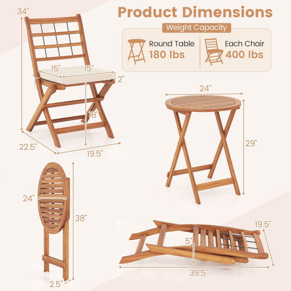 3-Piece Acacia Wood Patio Bistro Set with Table and Chairs product image