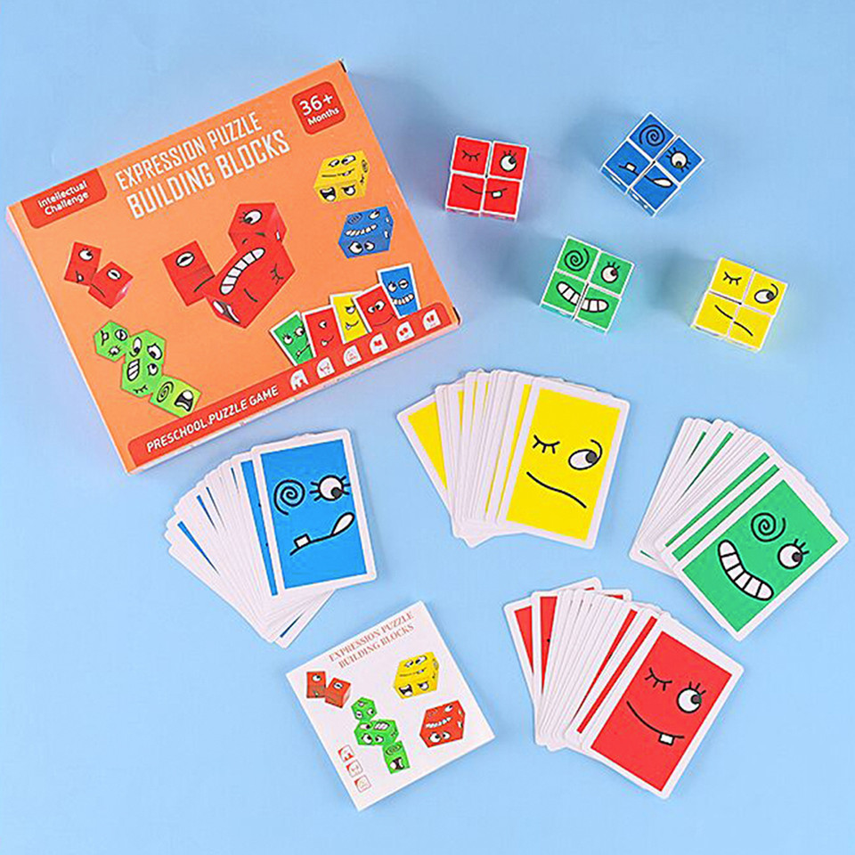 Wooden Expressions Matching Block Puzzle-Building Cubes Card Game product image
