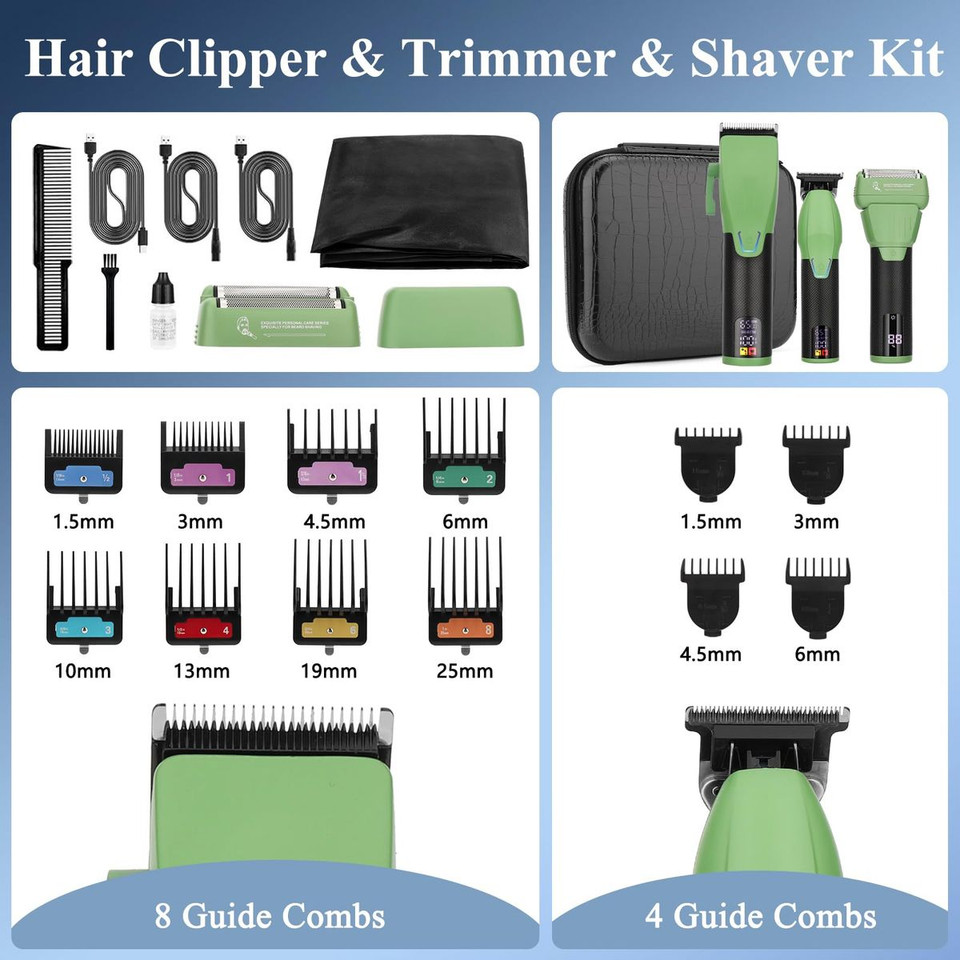 Professional Hair Clippers for Men, Barber Clippers and Trimmer Set with Cordless Electric Razor and LCD Display(Green) product image