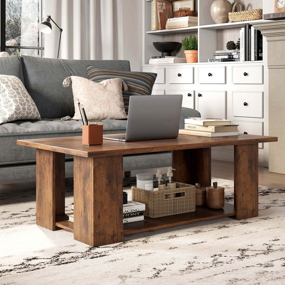 36-Inch 2-Tier Wooden Modern Coffee Table with Storage Shelf product image