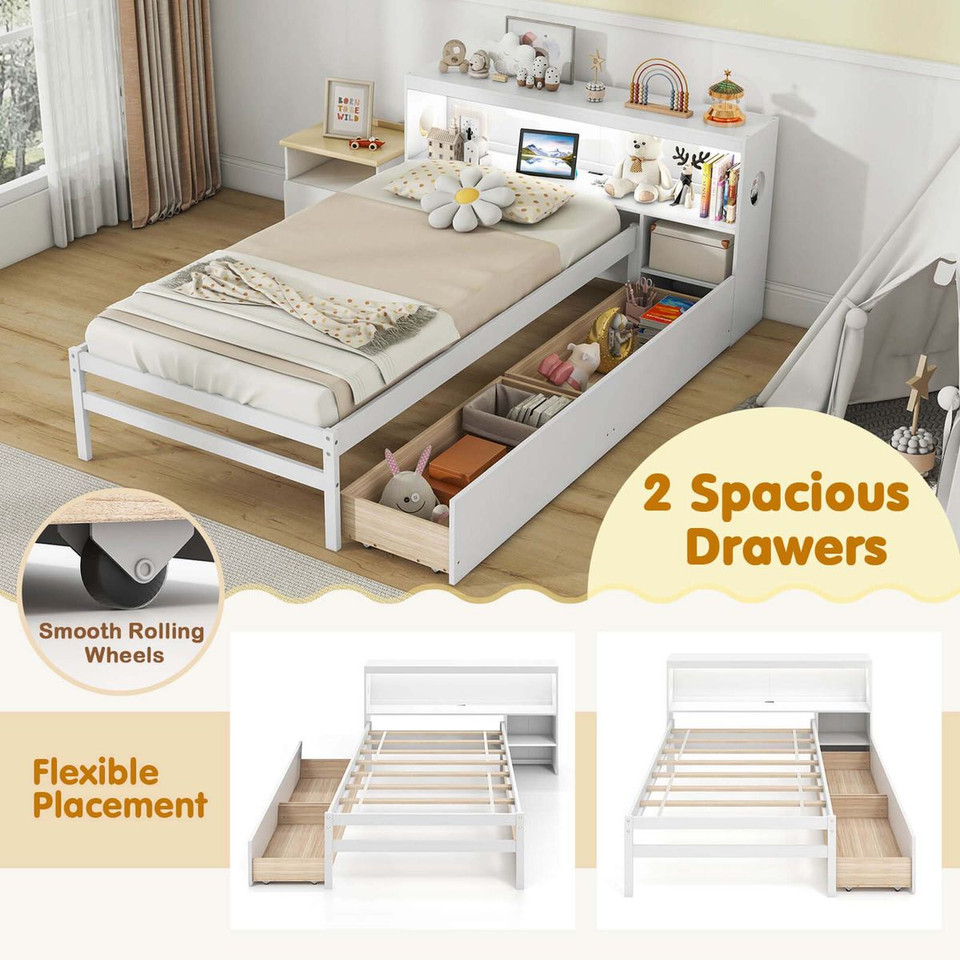 Twin Size Bed Frame with LED Light and Bookcase Headboard product image