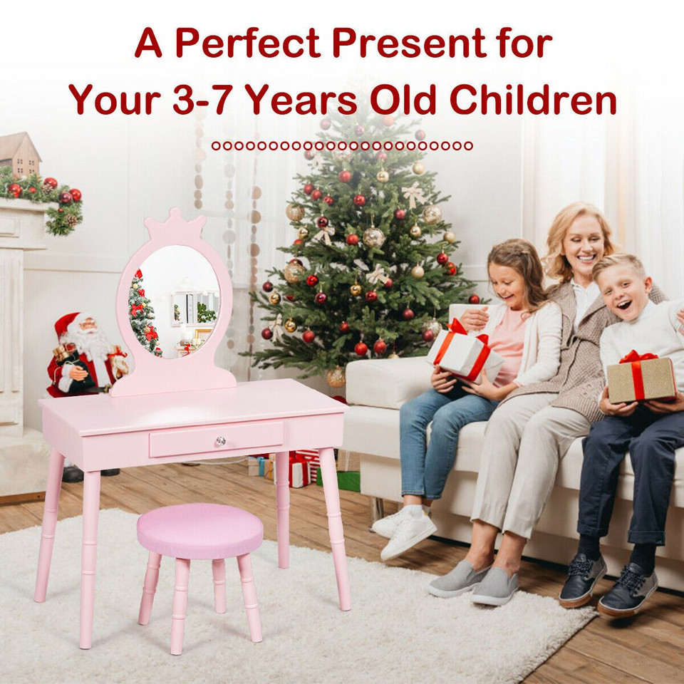 Kids' Wooden Princess Makeup Table with Cushioned Stool product image