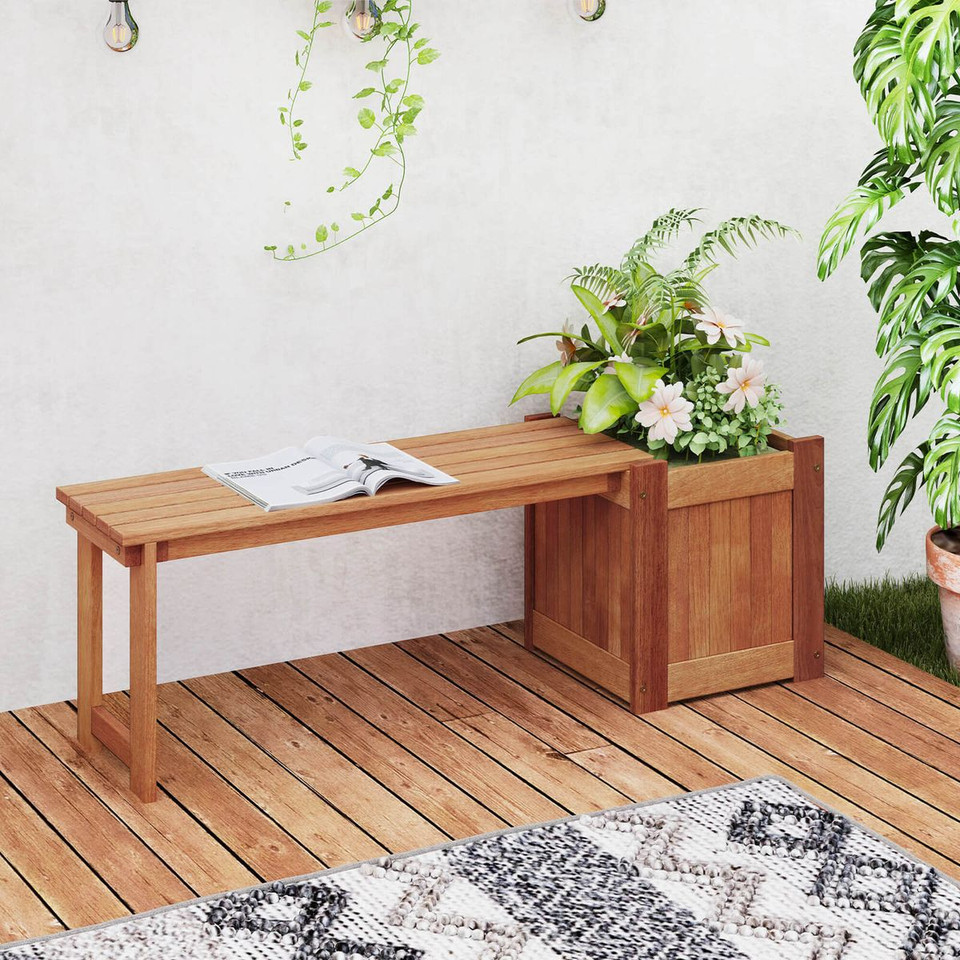 Teak Oil Finish Raised Planter Box with Bench (1 or 2-Pack) product image