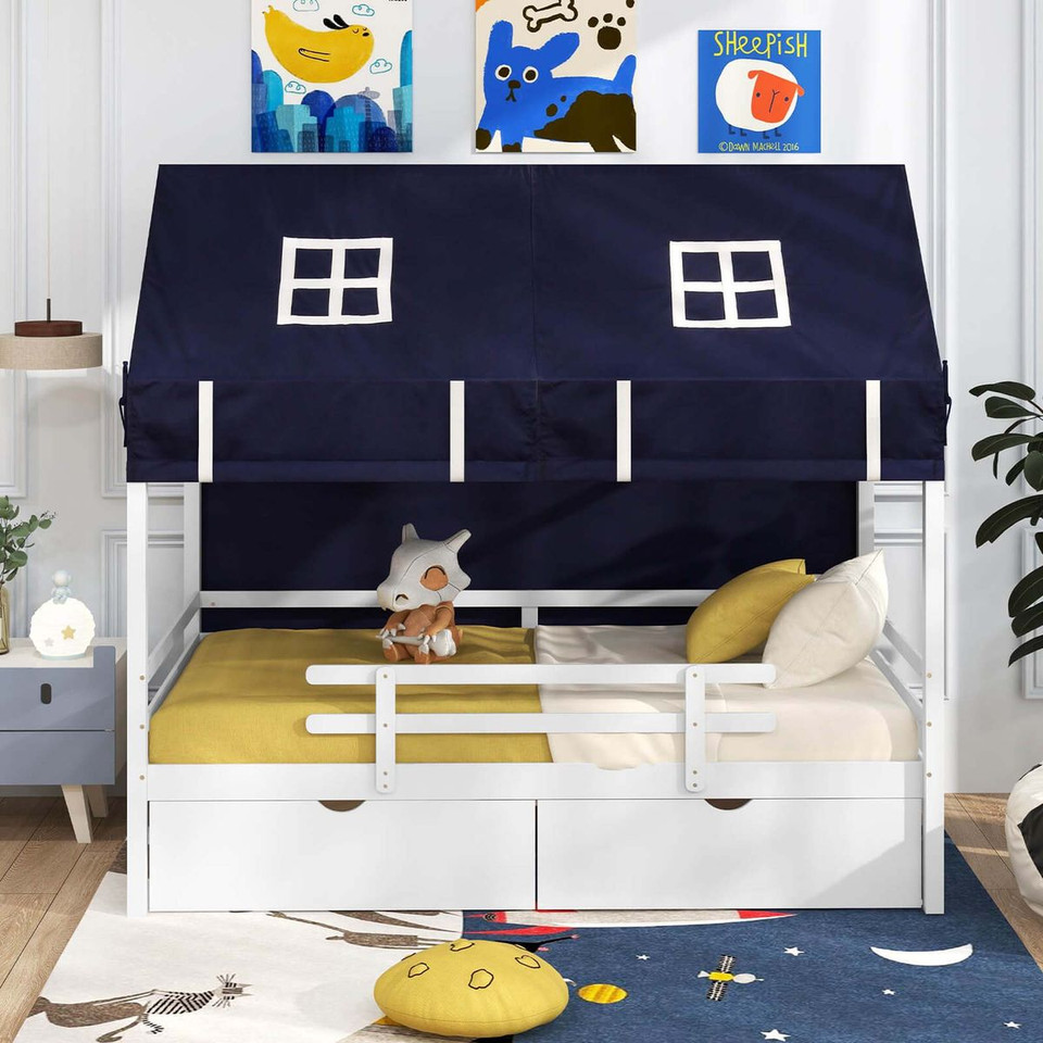 Twin Solid Wood Playhouse Bed with Tent and Storage product image