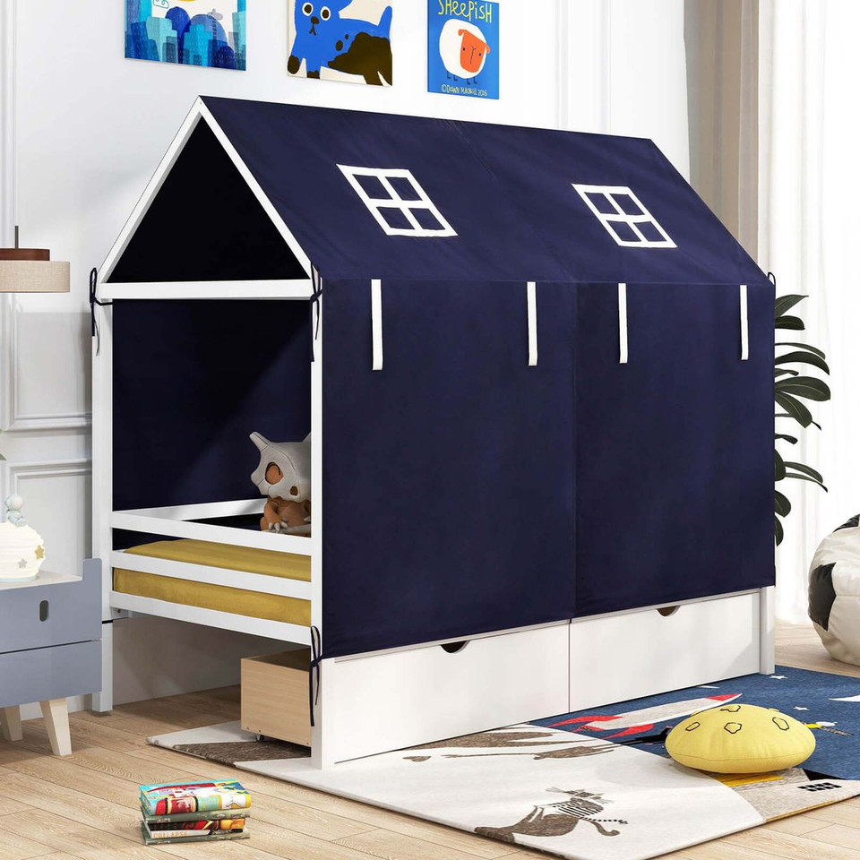 Twin Solid Wood Playhouse Bed with Tent and Storage product image