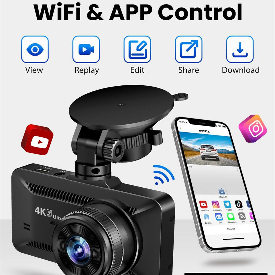 Dash Cam Front Rear 4K 1080P for Cars Built in WiFi Full HD Dash Cam with APP Control 3.94 Inch IPS Screen,G-Sensor WDR 24Hr Parking Mote product image