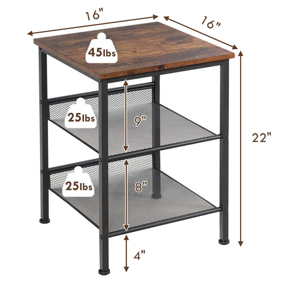 3-Tier Industrial End Table with Mesh Shelves and Adjustable Shelves product image